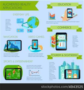 Augmented Reality Infographic Set . Augmented reality infographic set with augmented reality applications symbols flat vector illustration
