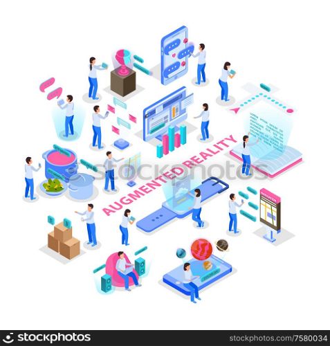 Augmented reality interactive communication scientific educative information visualization virtual computer screen isometric icons composition recolor vector illustration