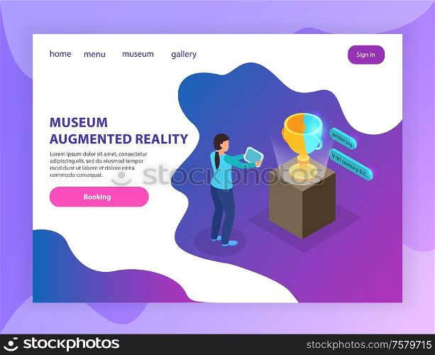 Augmented reality museum gallery information isometric landing page with visitor visualizing antiek jug using tablet vector illustration