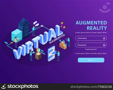Augmented reality site users visualizing information creating smartphone virtual screens isometric landing page purple background vector illustration