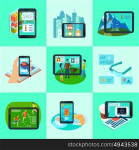 Augmented Reality Square Icons Set . Augmented reality square icons set with entertainment symbols flat isolated vector illustration