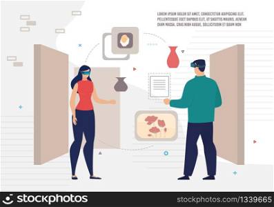 Augmented Reality Technology Innovation for Virtual Museum Educational Program Concept. Man and Woman in VR Headset, Goggles Looking on Museum Exhibition Showpieces Trendy Flat Vector Illustration