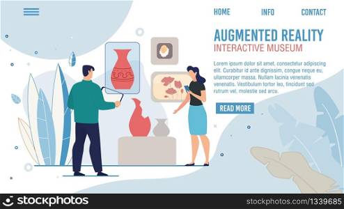 Augmented Reality Technology Solution for Museums Interactive Exhibition Web Banner, Lading Page Template. Man and Woman with Tablet and Smartphone Studying Museum Showpieces Flat Vector Illustration