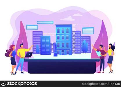 Augmented reality urban modeling, city VR experience. Interactive design visualization, virtuality architecture, virtual reality experiences concept. Bright vibrant violet vector isolated illustration. Interactive design visualization concept vector illustration