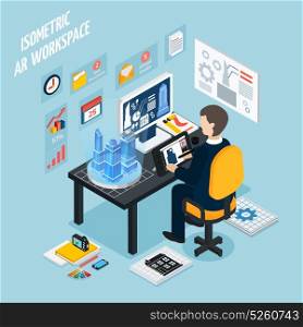 Augmented Reality Workplace Isometric Composition. Colored augmented reality workplace isometric composition with man at work and with technology equipment vector illustration