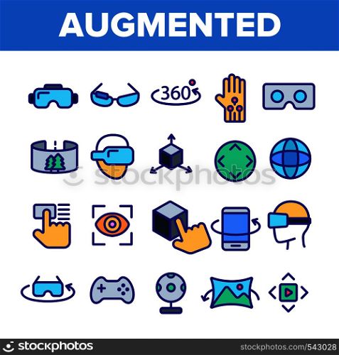 Augmented, Virtual Reality Linear Vector Icons Set. Augmented Virtual Reality Symbols Pack. Digital Technology, Simulator Pictograms Collection. Isolated Signs. VR Entertainment Outline Illustrations. Augmented, Virtual Reality Linear Vector Icons Set