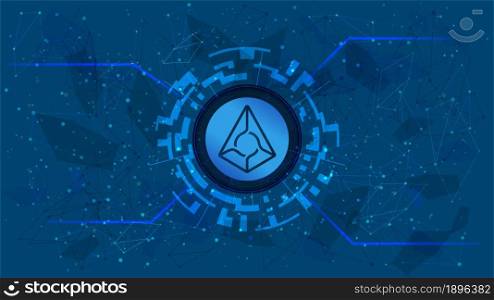 Augur REP token symbol of the DeFi project in a digital circle with a cryptocurrency theme on a blue background. Cryptocurrency icon. Decentralized finance programs. Copy space. Vector EPS10.