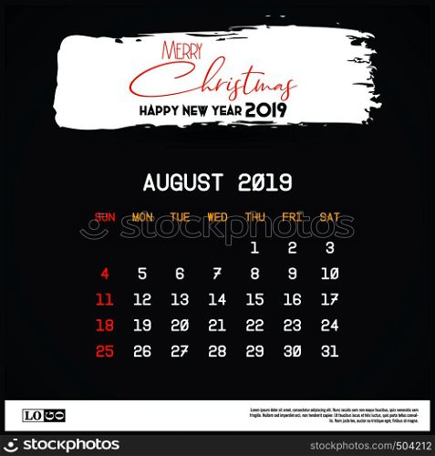August 2019 New year Calendar Template. Brush Stroke Header Background. Vector EPS10 Abstract Template background
