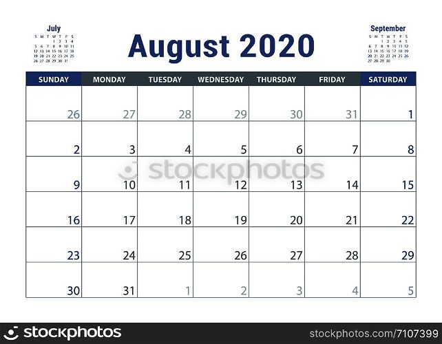 August 2020 calendar. English planner. ?olor vector template. Week starts on Sunday. Business planning. New year calender. Clean minimal table. Simple design