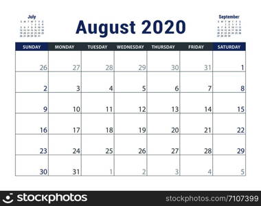 August 2020 calendar. English planner. ?olor vector template. Week starts on Sunday. Business planning. New year calender. Clean minimal table. Simple design