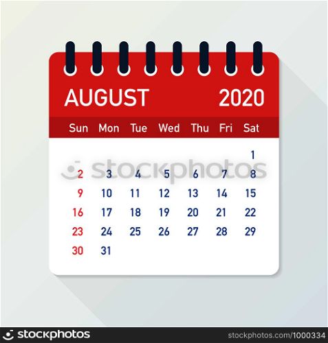 August 2020 Calendar Leaf. Calendar 2020 in flat style. Vector stock illustration.. August 2020 Calendar Leaf. Calendar 2020 in flat style. Vector illustration.