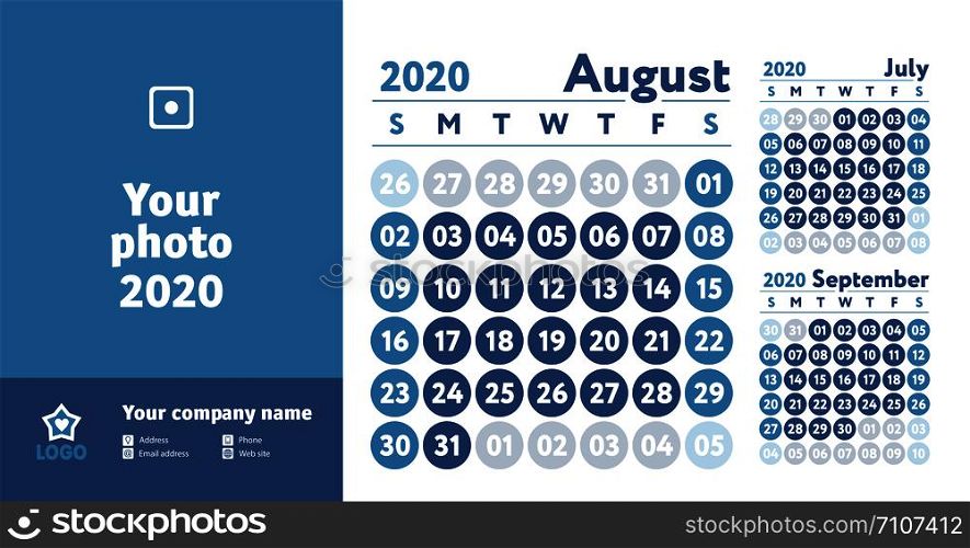 August 2020 calendar. New year planner design. English calender. Blue color vector template. Week starts on Sunday. Business planning.