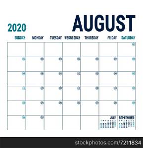 August 2020. Calendar planner. English calender template. Vector square grid. Office business planning. Creative design. Blue color