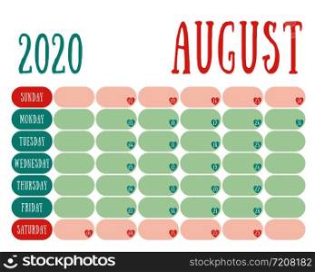 August 2020 diary. Calendar. Cute trend design. New year planner. English calender. Green and red color vector template. Notebook for notes. Week starts on Sunday. Planning. Hearts
