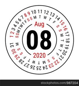 August 2020. Vector English ?alendar. Round calender. Week starts on Sunday. Design template. Circle. Eighth month