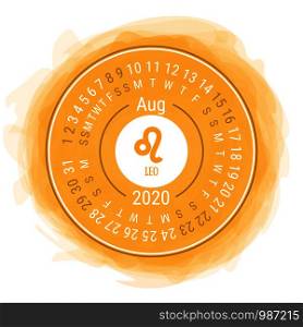 August 2020. Vector English ?alendar. Zodiac sign. Leo. Astrological symbol. Zodiacal color vector horoscope. Watercolor kid's sketch doodle style. Hand drawn frame. Round calender. Smoky circle
