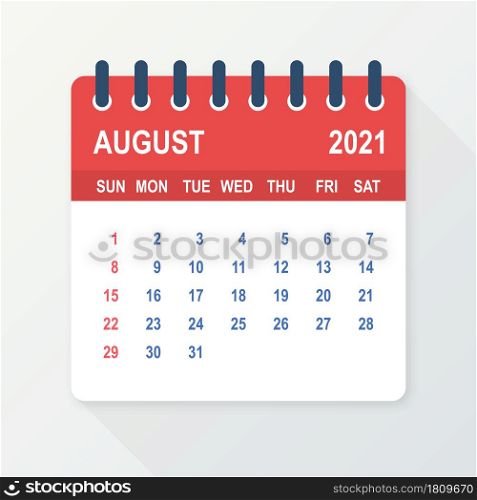 August 2021 Calendar Leaf. Calendar 2021 in flat style. Vector illustration. August 2021 Calendar Leaf. Calendar 2021 in flat style. Vector illustration.