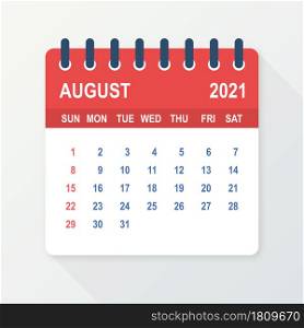 August 2021 Calendar Leaf. Calendar 2021 in flat style. Vector illustration. August 2021 Calendar Leaf. Calendar 2021 in flat style. Vector illustration.