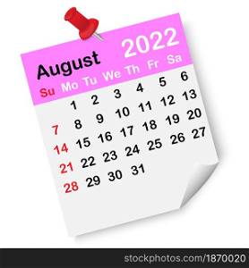 August 2022 calendar leaf. Red drawing pin. Pink page. Summer season. Postcard design. Vector illustration. Stock image. EPS 10.. August 2022 calendar leaf. Red drawing pin. Pink page. Summer season. Postcard design. Vector illustration. Stock image.