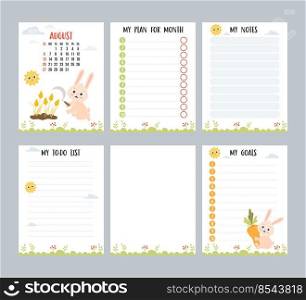 August 2023. Farm calendar planner with cute rabbit with sickle and spikelets, harvesting. Vector set of vertical page templates to-do list, my plan and notes. Week from Sunday in English
