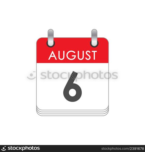 August 6. A leaf of the flip calendar with the date of August 6. Flat style.