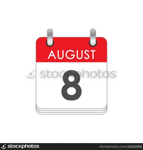 August 8. A leaf of the flip calendar with the date of August 8. Flat style.