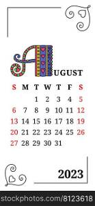 August. Calendar 2023. Lettering. Week starts on Sunday. English template.. August. Calendar 2023. Lettering. Week starts on Sunday. English template