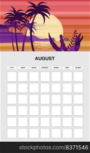 August Calendar Planner month. Minimalistic tropical palms ocean sunset landscape natural backgrounds Summer. Monthly template for diary business. Vector isolated illustration. August Calendar Planner month. Minimalistic tropical palms ocean sunset landscape natural backgrounds Summer. Monthly template for diary business. Vector isolated