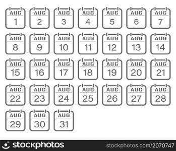 August is a month with numbers. A set of calendar sheets for a website, applications, scrapbooking and creative design. An empty contour. Flat design.