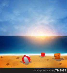 Aummer background on blue sky beach with sunny burst, vector eps10