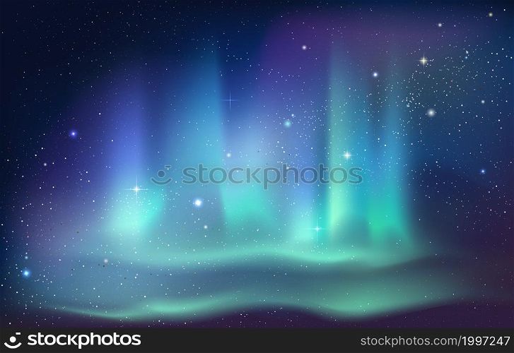 Aurora Borealis background. Arctic and Antarctic polar night sky with stars and glowing Northern light. Vibrant green blue and purple gradient magic effect on black. Vector winter night illustration. Aurora Borealis background. Arctic and Antarctic polar night sky with stars and glowing Northern light. Vibrant green blue and purple gradient magic effect. Vector winter night illustration