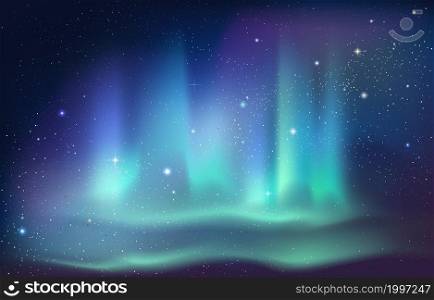 Aurora Borealis background. Arctic and Antarctic polar night sky with stars and glowing Northern light. Vibrant green blue and purple gradient magic effect on black. Vector winter night illustration. Aurora Borealis background. Arctic and Antarctic polar night sky with stars and glowing Northern light. Vibrant green blue and purple gradient magic effect. Vector winter night illustration
