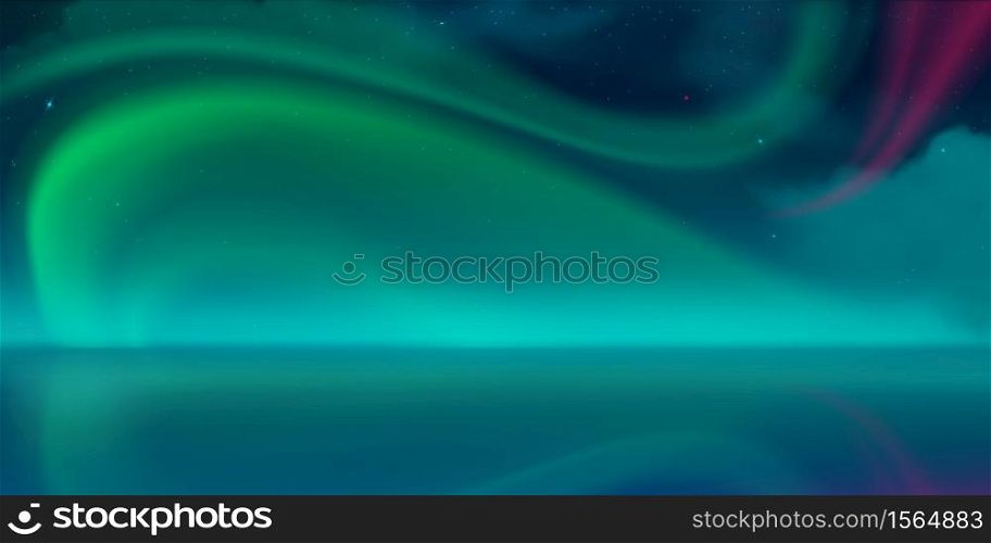 Aurora borealis, northern lights in arctic night sky with stars and clouds. Vector realistic winter landscape with fog and reflection of green and pink polar lights in water surface. Aurora borealis, northern lights in night sky