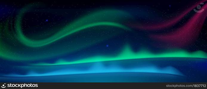Aurora borealis, northern lights in arctic sky at night. Vector cartoon illustration of winter sky with stars and polar lights with green, blue and pink glow at midnight. Aurora borealis, northern lights in night sky