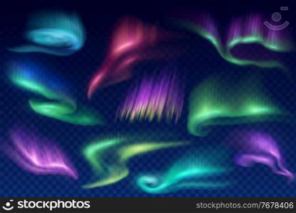 Aurora borealis northern lights in polar night sky, vector icons on transparent background. Polar nother lights with neon color gradient, green purple and blue, realistic aurora polaris luminescence. Northern lights aurora borealis in polar night sky