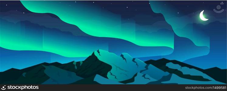 Aurora borealis phenomenon flat color vector illustration. Northern lights in sky and snowy mountain 2D cartoon night winter landscape with crescent moon and starry sky on background. Aurora borealis phenomenon flat color vector illustration