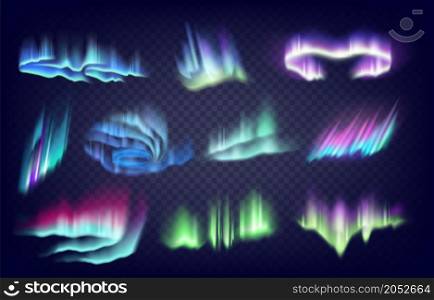 Aurora borealis. Realistic Northern sky atmosphere reflection. Arctic or Antarctic polar night iridescent light phenomenon collection. Isolated shining curve lines. Vector colorful glowing effects set. Aurora borealis. Realistic Northern sky atmosphere reflection. Arctic or Antarctic polar night iridescent light phenomenon collection. Shining curve lines. Vector glowing effects set