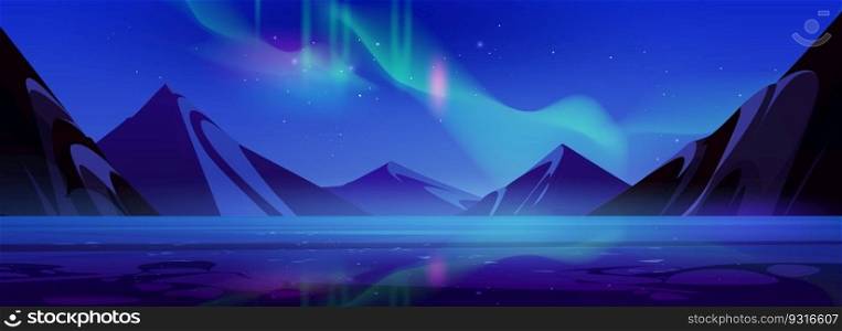 Aurora light in sky mountain sea view background. Night northern vector landscape illustration with abstract borealis gradient scenery for game. Dark north polar adventure scene with lake under boreal. Aurora light in sky mountain sea view background
