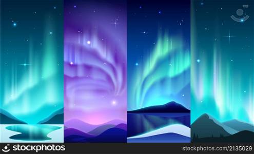 Aurora posters. Realistic Northern night starry sky glowing light with winter snowy landscapes. Mountains scenery. Arctic and Antarctic polar heaven illumination. Vector nighttime scenic panoramas set. Aurora posters. Realistic Northern night sky glowing light with winter snowy landscapes. Mountains scenery. Arctic and Antarctic polar heaven illumination. Vector nighttime panoramas set