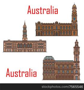 Australia architecture, Adelaide and Melbourne municipal city buildings and historic landmarks. Vector Adelaide town hall and Melbourne general post office detailed facades. Australia architecture landmarks and buildings