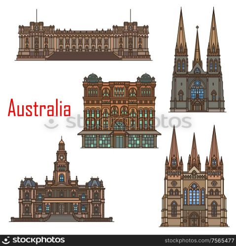 Australia architecture, cathedral buildings and Sydney famous landmarks. Vector St Patrick and Paul cathedral, Sydney town hall, Queen Victoria building and Melbourne parliament. Australia cathedral buildings, Sydney architecture