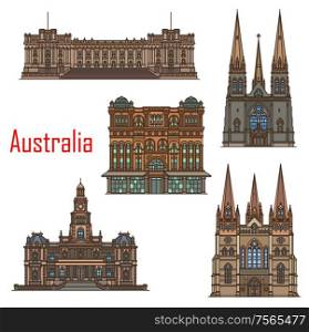 Australia architecture, cathedral buildings and Sydney famous landmarks. Vector St Patrick and Paul cathedral, Sydney town hall, Queen Victoria building and Melbourne parliament. Australia cathedral buildings, Sydney architecture
