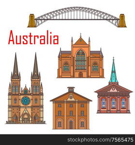 Australia architecture landmarks, Sydney famous historic buildings. Vector St Mary and James church, Saint Andrews cathedral, Australian Harbour bridge and Hyde park barracks. Australia architecture, Sydney landmark buildings