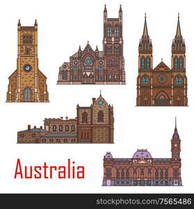 Australia architecture, Sydney, Adelaide and Melbourne city buildings and landmarks. Vector St Peter and Francis Xavier cathedral, Melbourne town hall and Adelaide old parliament, Holy Trinity church. Australia buildings, city architecture landmarks
