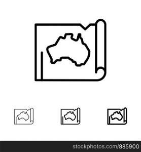 Australia, Australian, Country, Location, Map, Travel Bold and thin black line icon set