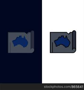 Australia, Australian, Country, Location, Map, Travel Icons. Flat and Line Filled Icon Set Vector Blue Background