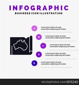 Australia, Australian, Country, Location, Map, Travel Solid Icon Infographics 5 Steps Presentation Background