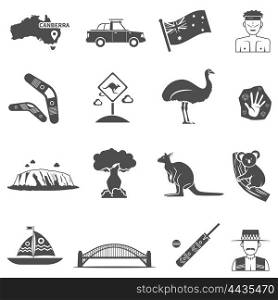 Australia Black White Icons Set . Australia black white icons set with kangaroo and koala flat isolated vector illustration