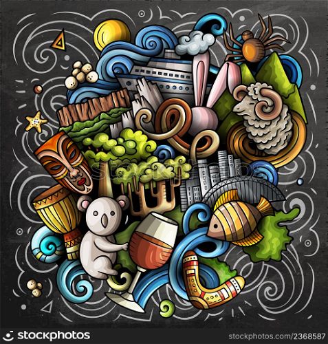 Australia cartoon vector doodle chalkboard illustration. Colorful detailed composition with lot of traditional symbols. Australia cartoon vector doodle chalkboard illustration