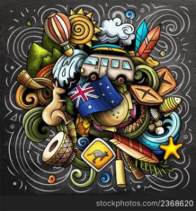 Australia cartoon vector doodle chalkboard illustration. Colorful detailed composition with lot of traditional symbols. Australia cartoon vector doodle chalkboard illustration